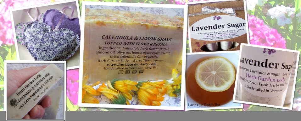 handmade calendula soap, lavender sugar organic, lavender tea all made from organically grown herbs by Herb Garden Lady and Vermont Lavender